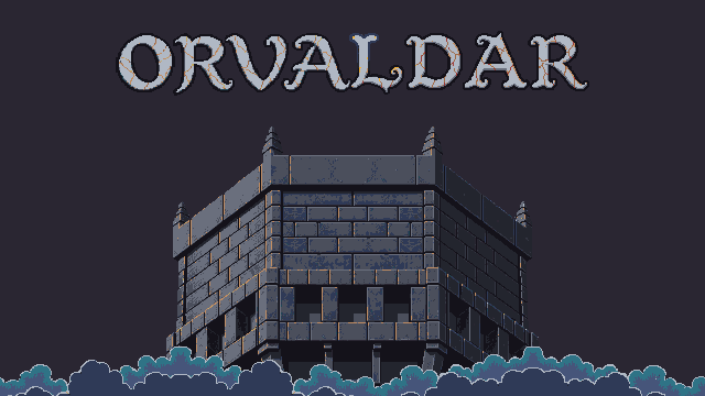 The dark stone tower Valdreth rising out of the clouds beneath the word ORVALDAR, pixel art